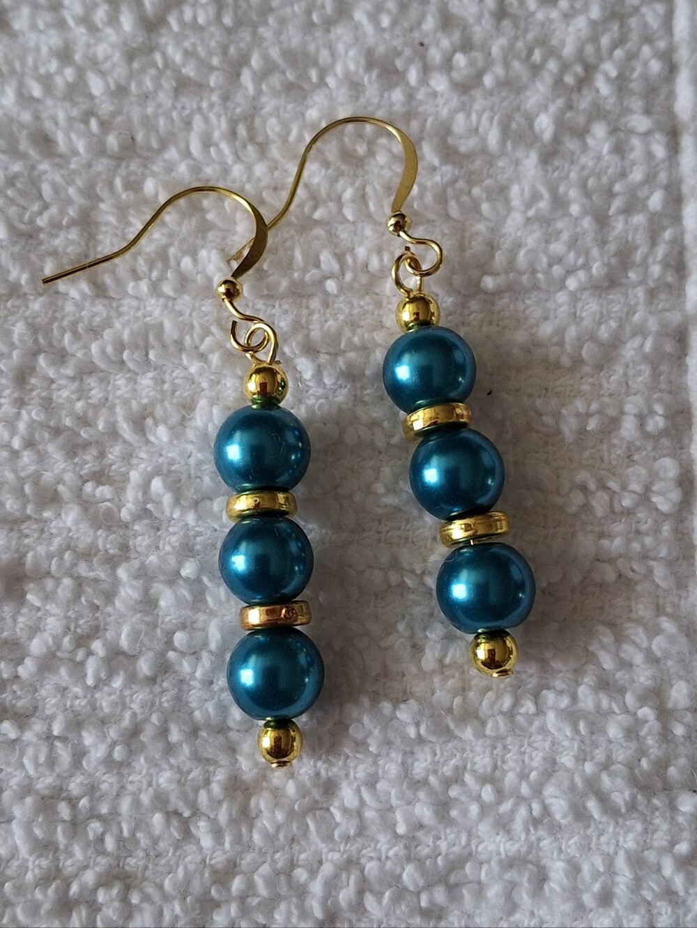 Elegant Handmade Teal Pearl Drop Earrings with Gold Accents 1 7/8" Long